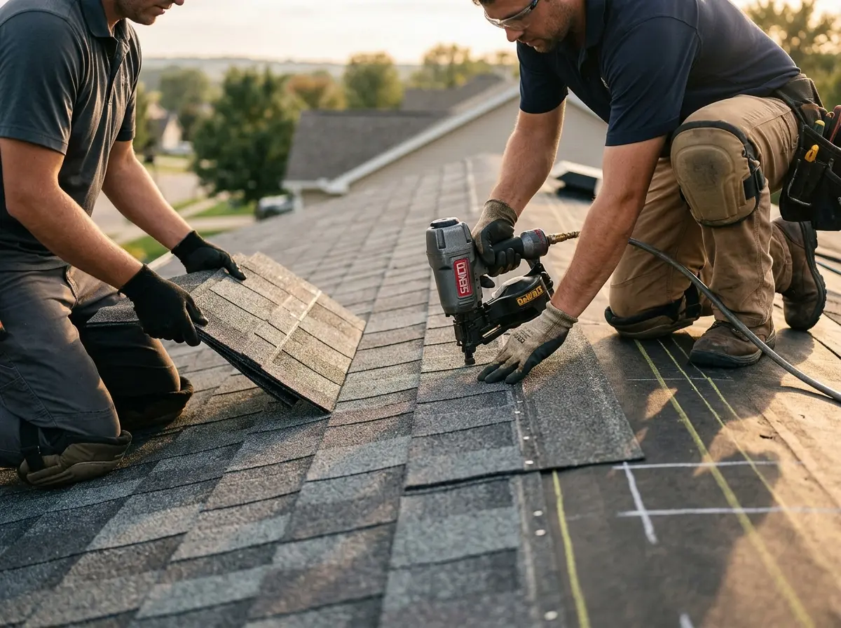 Professional roofer working on a residential roof in Giddings